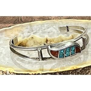 VTG Sterling Silver Turquoise Coral Chip Inlay Cuff Bracelet Navajo Style 19.9g